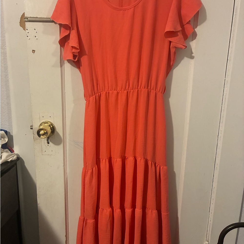Vibrant Coral Maxi Dress with Ruffle Sleeves